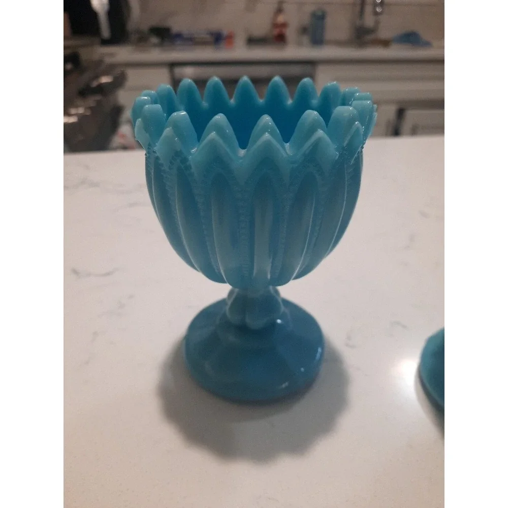 2  1930s PV Portieux Vallerysthal French Blue‎ Opalescent Glass Vase Rib Dot